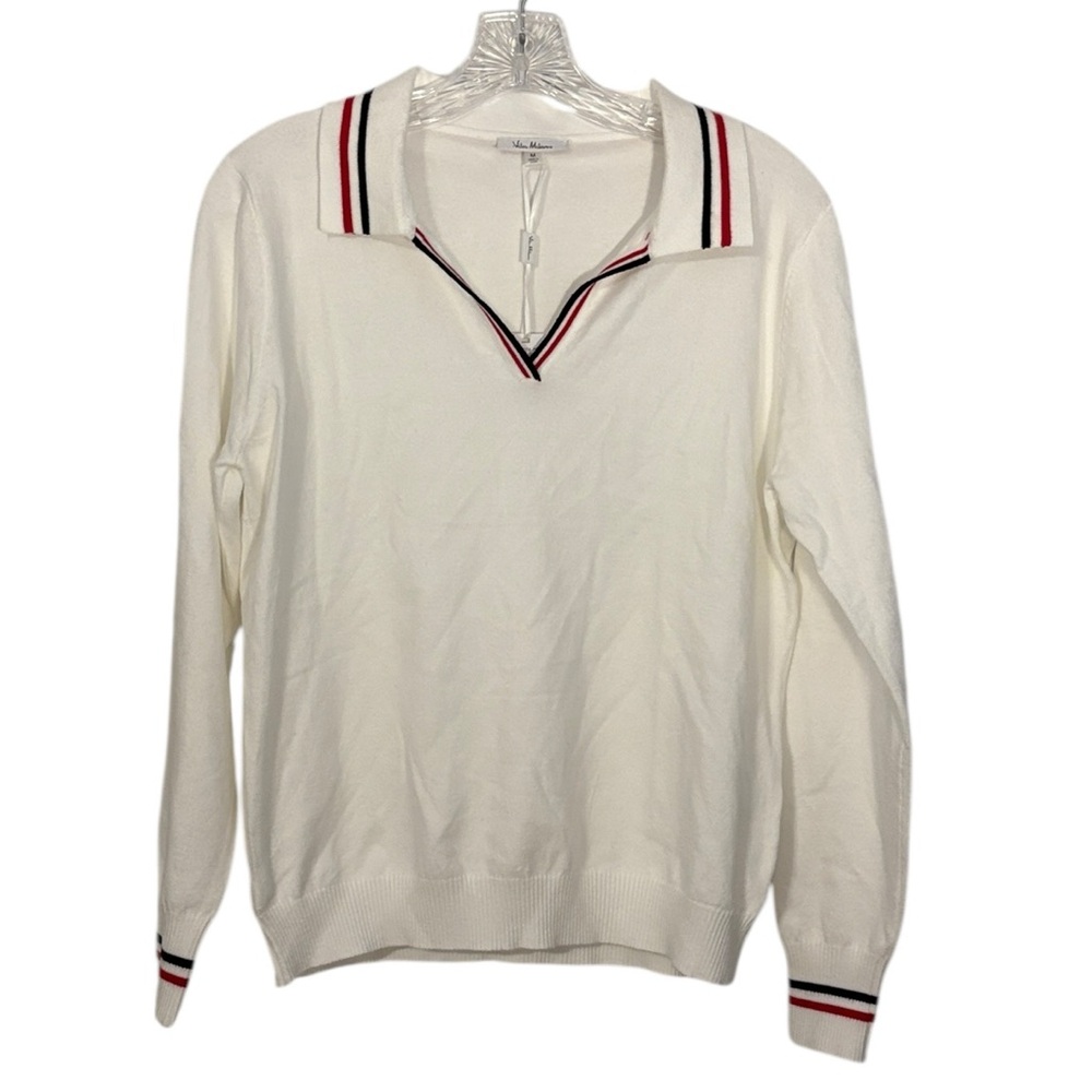 White V-Neck Sweater with Striped Trim
